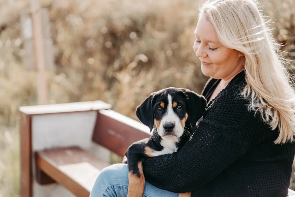Kinder umarmen Hund im Feld bei Limburg.