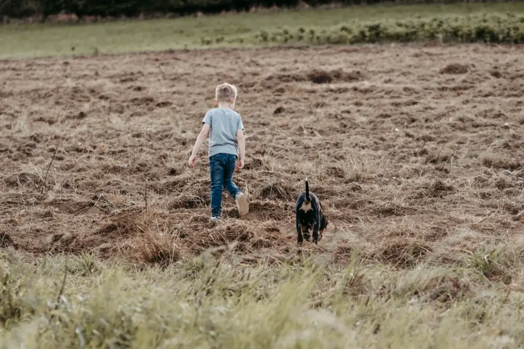 Kinder laufen mit Hund durch ein grünes Feld bei Limburg.